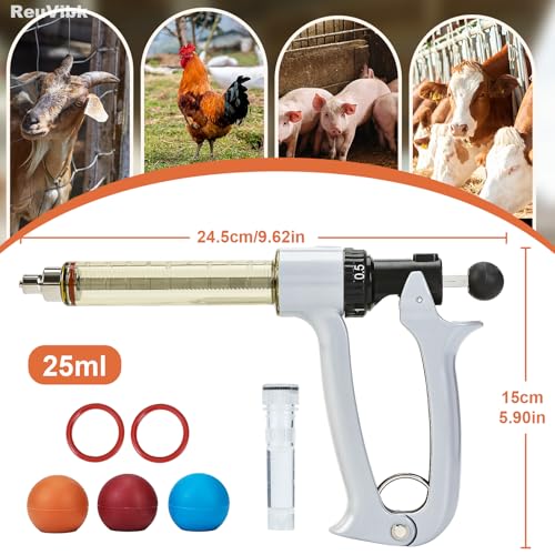 25ml Semi-Auto Repeating Livestock Syringe Gun, 5 Dose Settings | Ergonomic Grip, Clear Barrel & Luer Lock, Vet Injector for Cattle, Horses, Goats, Sheep & Pigs - color: Silver Gray25ML-B