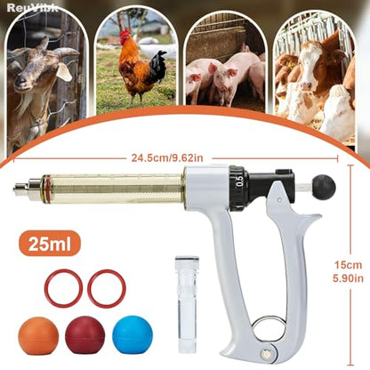 25ml Semi-Auto Repeating Livestock Syringe Gun, 5 Dose Settings | Ergonomic Grip, Clear Barrel & Luer Lock, Vet Injector for Cattle, Horses, Goats, Sheep & Pigs - color: Silver Gray25ML-B