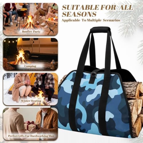 Blue Camo Print Firewood Carriers with Handles | Waterproof Fabric, Large Capacity, Open-Ended Design, for Daily Home Heating and Outdoor Camping - color: Multi Shade Blue Urban Camo Print