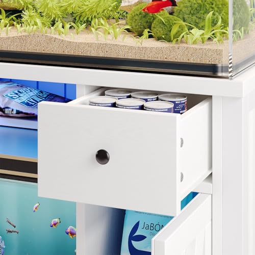 4ever2buy 55-75 Gallon Fish Tank Stand, Aquarium Stand with Storage, White | 52 x 20 In Top, Farmhouse Turtle Tank Stand, 2 Drawers & 2 Barn Doors, LED Light, Power Outlets, Shelf Storage, Heavy Duty - color: White