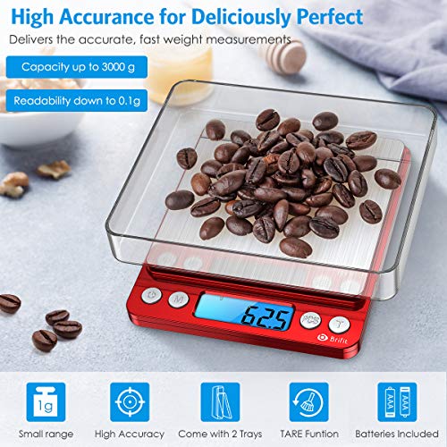 Digital Kitchen Scale, 3000g Pocket Cooking Scale with 0.1g Accuracy, Mini Food Scale, Pro Electronic Jewelry Scale with Back-Lit LCD Display, Tare & PCS Functions (Red, Batteries Included) - color: Red