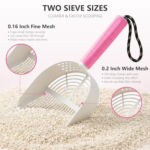 Cat Litter Scoop with Holder, 3 in 1 Metal Kitty Scooper | Heavy Duty Deep Litter Sifter with Dustpan & Mini Broom, Dual Coarse & Fine Grid, Quick Sift, Universal for All Cat Litter - color: Pink, size: Large