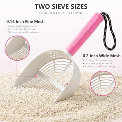 Cat Litter Scoop with Holder, 3 in 1 Metal Kitty Scooper | Heavy Duty Deep Litter Sifter with Dustpan & Mini Broom, Dual Coarse & Fine Grid, Quick Sift, Universal for All Cat Litter - color: Pink, size: Large