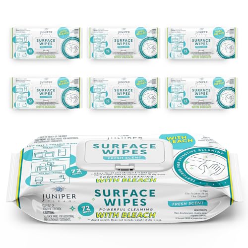 Juniper CLEAN 6 Pack Surface Cleaning Wipes with Bleach, All-Purpose Cleaner for Bathroom, Kitchen, Office, 72 Count Soft Flow, Fresh Scent, Lint Free & Durable - size: 72 Count (Pack of 6)