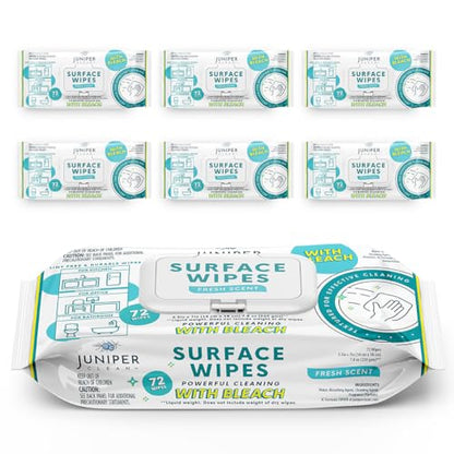 Juniper CLEAN 6 Pack Surface Cleaning Wipes with Bleach, All-Purpose Cleaner for Bathroom, Kitchen, Office, 72 Count Soft Flow, Fresh Scent, Lint Free & Durable - size: 72 Count (Pack of 6)