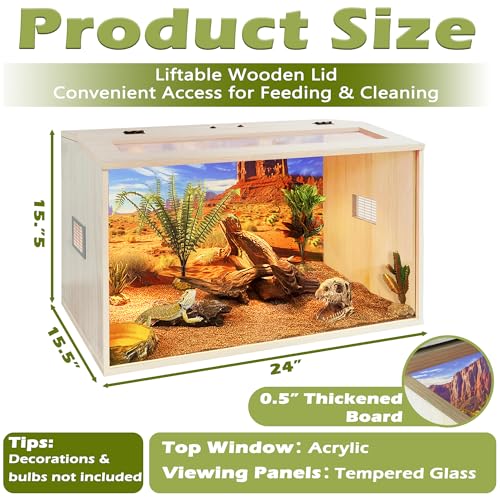 Bearded Dragon Tank, 30 Gallons Wooden Reptile Enclosure, Tempered Glass Lizard Tank, Large Bearded Dragon Enclosure with Built-in Lamp Fixture for Lizard - color: Oak, size: 30 gallons