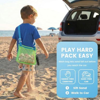 3 otters 2 Pack Beach Mesh Shovel with Mesh Beach Bag for Shell Collecting, Sand Sifters Shell Collect Bag for Kids, Great Shelling Tools