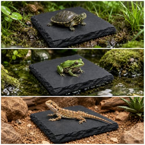Turtle Basking Platform, Slate Rock for Reptiles | 4×4inch Square Tortoise Basking Platform for Bathing Resting Feeding Habitat Accessories