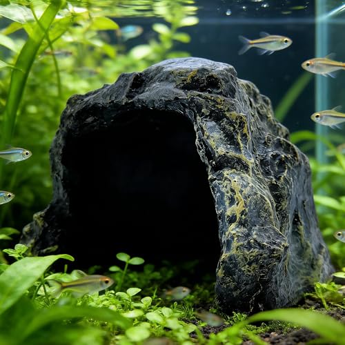 M2cbridge Aquarium Hide Cave Reptile Hideout Amphibians Habitat Rock Dish | Natural color careful craft, resting spot, solid and sturdy, water dish - style: Black Rock+ Water Dish