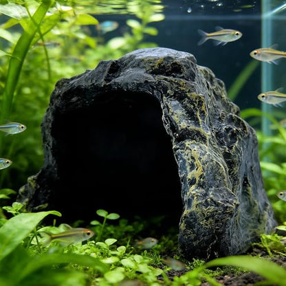 M2cbridge Aquarium Hide Cave Reptile Hideout Amphibians Habitat Rock Dish | Natural color careful craft, resting spot, solid and sturdy, water dish - style: Black Rock+ Water Dish