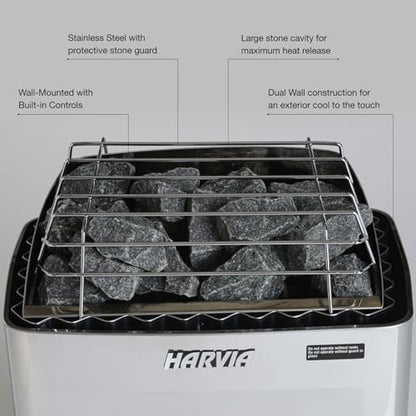 Harvia KIP Sauna Heater, Wall Mounted Electric Sauna Stove, Stainless Steel 240v Heater with Sauna Stones Included, Large Stone Cavity for Maximum Heat Release (8kW - Dials) - style: 8kW - Dials