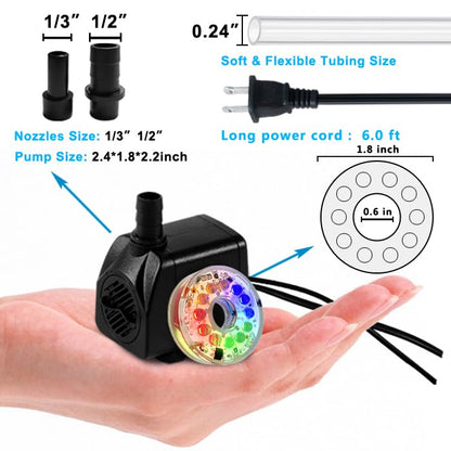 160GPH Small Fountain Pump, 10Watt Submersible Pump with Automatic Color Changing LED Light and 3.3 ft Tubing for Water Feature, Outdoor Pond, Aquarium fish tanks