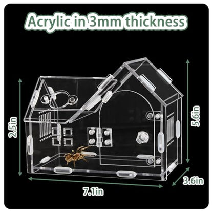 Acrylic Jumping Spider Enclosure House-Shaped Terrarium | Magnetic front door lock, top sliding feeding port, 1mm ventilation holes, scratch-resistant clear acrylic - color: transparent