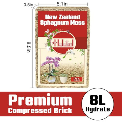 Halatool Premium New Zealand Sphagnum Moss, 100g (8L When Hydrated) | Long Fiber, Retain Moisture, Moss for Orchid Repotting, Succulents, Sarracenia, Potted Plants, Gardening & Reptiles - size: 8L