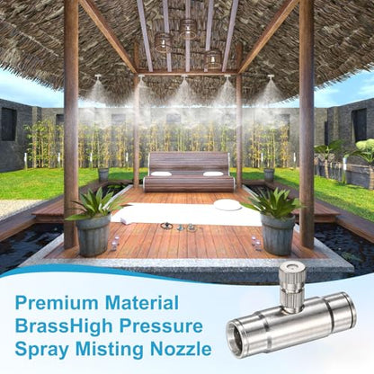 M METERXITY 20-Pack Brass Misting Nozzle Tee Kit, 0.8mm Orifice Dia. High Pressure Spray Misting Nozzle Head, Slip Connectors for 3/8 Inch Drip Irrigation Tubing Kit Outdoor [3/16" Threaded] - size: 0.8mm
