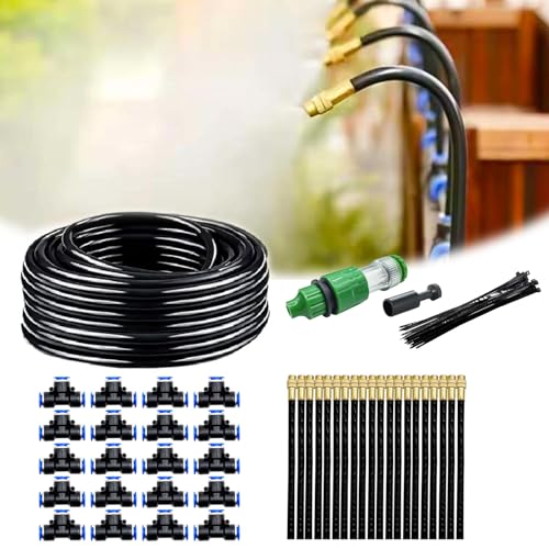 Automatic Greenhouse Drip Irrigation Kit – 20 Brass 360° Adjustable Nozzles, 65FT 1/2" Tubing & Misting System – Easy Setup & Water Saving for Hydroponics, Raised Beds, Flower Gardens & Outdoor Plants