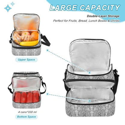 Snakeskin Grain Gray Insulated Lunch Tote Bag Organizer for Women | 8L Double Deck,Large Lunch Box with Shoulder Strap,Thermal Meal Prep,Suitable for Work School Picnic Office Travel