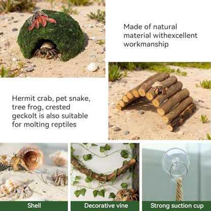 Hermit Crab Accessories, Hermit Crab Climbing Toys, Bendable Rope Bridge Wooden Shell Hideout Hut Plants for Reptile Amphibians Hermit Crab Tank Accessories Supplies