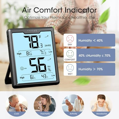 DOQAUS Hygrometer Indoor Thermometer, Humidity Temperature Meter, Black | 3.4in Large LCD Display, Backlight Temp Humidity Monitor with Max Min Records for Home, Bedroom, Baby Room, Greenhouse