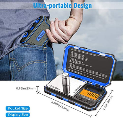 (Upgradaed) Digital Mini Scale, 200g /0.01g Pocket Scale, 50g Calibration Weight, Electronic Smart Scale, 6 Units, LCD Backlit Display, Tare, Auto Off, Stainless Steel (Battery Included) - color: Blue