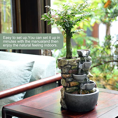 Haobos Indoor Fountain 4-Bowl Rockery Soothing Sound Tabletop Fountains Home/Office Decor Gift for Mom,Mother Day Present with A Small Plastic Pot to Grow Plant/Hebs By Yourself (Automatic Watering)