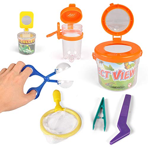 7-Piece Bug Catcher Kit for Kids, Outdoor Nature Explorer Toys Play Set | Butterfly Net, Magnifier Viewer Container, 2 Insect Collector Jars, Critter Grabber Tongs, Tweezers, Vented Storage