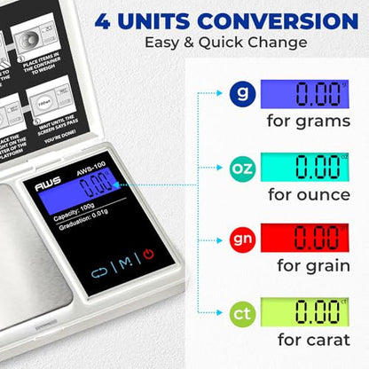 American Weigh Scales Series Digital Pocket Weight Scale Backlit LCD Stainless-Steel Surface 100g x 0.01g, (Silver), AWS-100-SIL - color: Silver, size: 100g x 0.01g