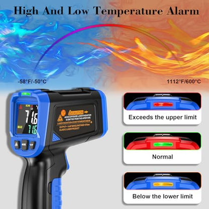 FKM Infrared Thermometer Gun -58°F~1112°F,Non Contact Laser Thermometer Gun | Adjustable Emissivity,Digital IR Temperature Gun for Kitchen Cooking,Griddle,Pizza Oven,HVAC,Engine,Industrial,Not for Human - color: Blue
