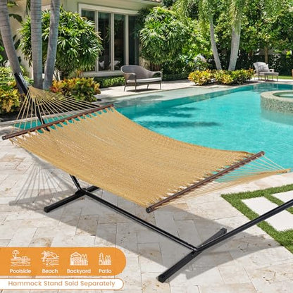 Lazy Daze Hammocks 13 FT Extra Large 2+ Person Caribbean Rope Hammock, Hand Woven Polyester XL Hammock with Spreader Bars, for Outside Outdoor Backyard Patio Poolside, 500 LBS Capacity, Tan - color: Tan