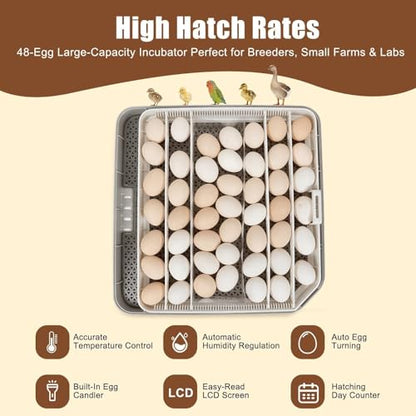 Series IV - 48 Egg Professional Incubator for Breeders, Automatic Sensor-Based Precise Humidity & Temp Control, Adjustable Spacing, Auto Turn & Auto Stop, Preset Incubation Days, Chick Separator - size: 48-Egg Gray
