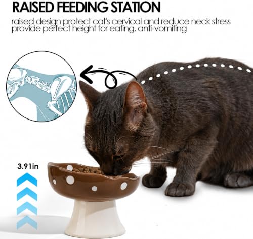 Brown Mushroom Cat Bowl, Elevated Ceramic Bowl for Cats | Cute, Elevated, Ceramic, Whisker Friendly, Dishwasher Safe - color: Brown