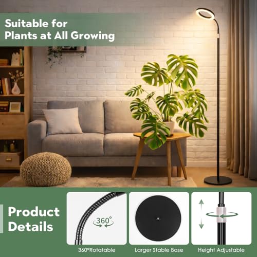 LBW Grow Light with Stand for Indoor Plants, Adjustable Height up to 68", Full Spectrum Grow Light for Large & Tall Plants, Auto Timer 6/8/12/16H, 5-Level Dimmable, 3 Lighting Modes - size: 1 Head 6.3" Black