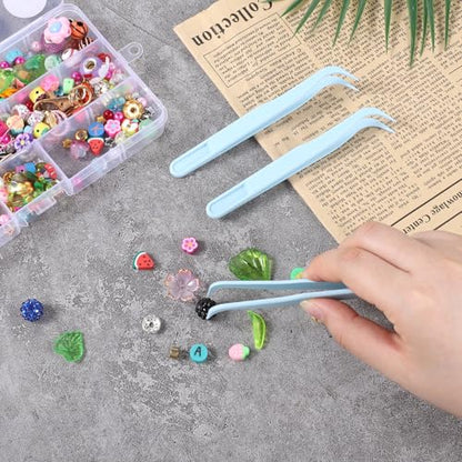 12 Pcs Plastic Tweezers, Non Slip Bent Tip Craft Tweezer, Long 4.5 Inch Bent Tweezers, Pointed Tip, Precision Tweezer for Jewelry Making, DIY Crafts, Stickers, Reptile Feeding, Lash Tool (Blue)
