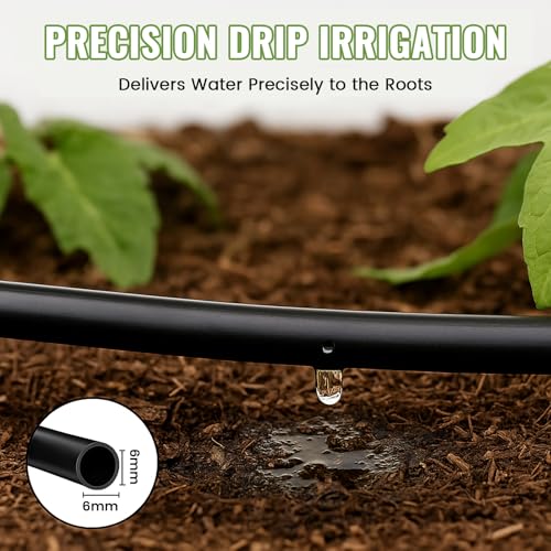 MIXC 1/4" Irrigation Dripline Tubing (100 Ft Roll), Saving 80% Water, 6" Emitter Spacing, 0.5 GPH Emitters Built-In Drip Irrigation Line with 1/4" Fittings Included, Black - size: 100FT