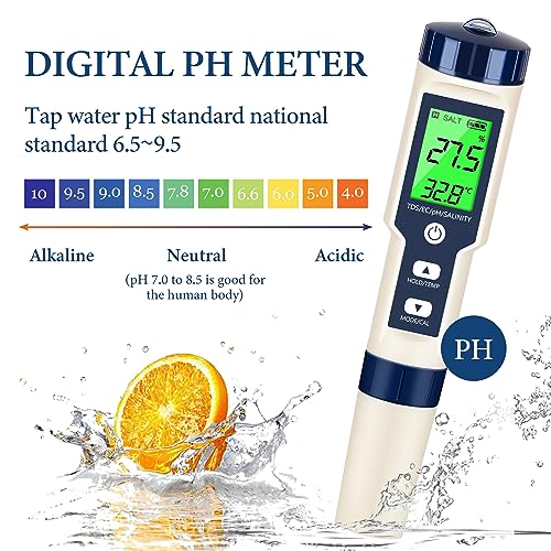 PH Meter & TDS Meter Digital Water Tester 5 in 1 Salinity Tester PH Temp EC and TDS Meter,PH Meter for Water with LCD Backlit,Water Testing Kits for Drinking Water,Wine,Swimming Pool,Hot Tub Spas. - size: 5-1