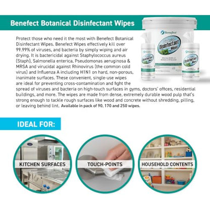 Benefect Botanical Disinfectant Wipes – 1,500 Sanitizing Wipes. 6 Pack of 250 Wipes Per Unit - High Traffic - Gym Wipes, Schools and Food Safe Cleaning (250, 6) - size: 250 Count (Pack of 6)