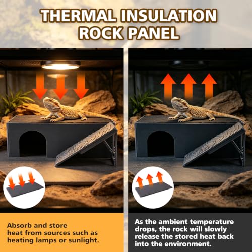 3 in 1 Reptile Basking Platform for Bearded Dragon, Leopard Gecko | Large Reptile Hides and Caves, with Adjustable Climbing Ramp & Heat Absorbing Slate Rock, 12.2×6.3×3.9 Inch