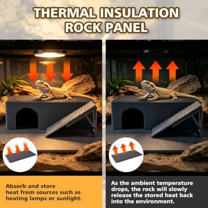 3 in 1 Reptile Basking Platform for Bearded Dragon, Leopard Gecko | Large Reptile Hides and Caves, with Adjustable Climbing Ramp & Heat Absorbing Slate Rock, 12.2×6.3×3.9 Inch