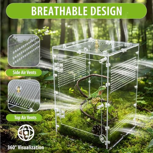 Reptile Enclosure 10 Gallon for Crested Gecko, Lizard, Bearded Dragon, Snakes，Frogs, Large Spiders, Acrylic Reptile Tank Feeding Terrarium with Front & Top Opening Doors and Vent Holes - 12"*12"*18" - size: X Large-18''x12''x12''