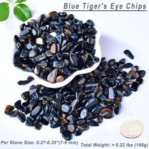 Erliway 7-9mm Blue Tiger's Eye Healing Crystal Chips for Crafts, 100g | Natural Crushed Crystal Stones Tumbled Chips for Vase Filler Aquarium Gravel, Meditation Chakra Balancing, Candle DIY Making - color: Blue Tiger's Eye