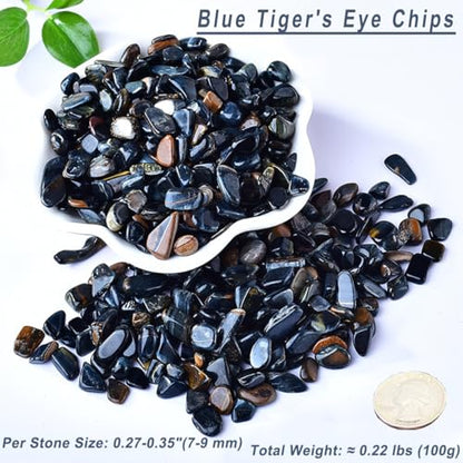 Erliway 7-9mm Blue Tiger's Eye Healing Crystal Chips for Crafts, 100g | Natural Crushed Crystal Stones Tumbled Chips for Vase Filler Aquarium Gravel, Meditation Chakra Balancing, Candle DIY Making - color: Blue Tiger's Eye