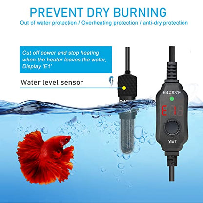 YukiHalu Small Submersible Aquarium Heater, Adjustable Mini Fish Tank Heater 25W 50W 100W 200W 300W with External Temperature Controller, LED Display, Used for 5/10/20/40/60 Gallons (25 Watts) - size: 25 Watts