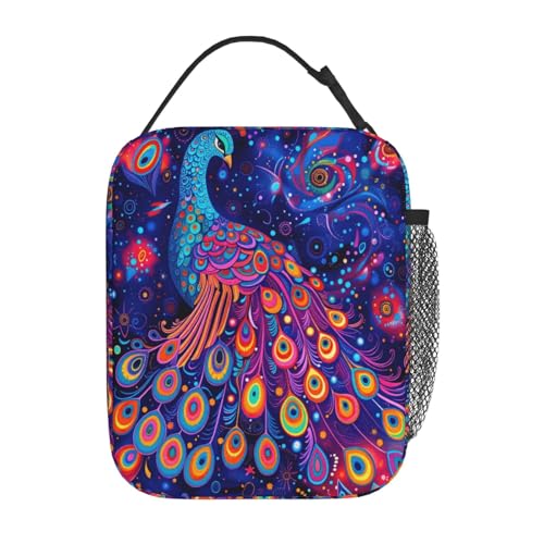 Neon Peacock Art Adult Insulated Lunch Bag, Portable Thermal Cooler Tote With Pockets, Durable Polyester Lunch Box With Handle For Work, Office, Travel - color: Style 2
