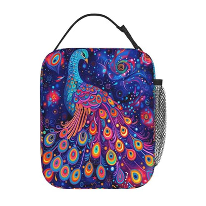 Neon Peacock Art Adult Insulated Lunch Bag, Portable Thermal Cooler Tote With Pockets, Durable Polyester Lunch Box With Handle For Work, Office, Travel - color: Style 2