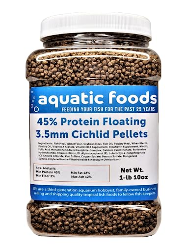 Cichlid Pellets, 45% Protein Floating 3.5mm (9/64") Pellets for Discus,Oscars, Central American, South American Cichlids…1-lb 10oz Med Jar - size: 1.63 Pound (Pack of 1)