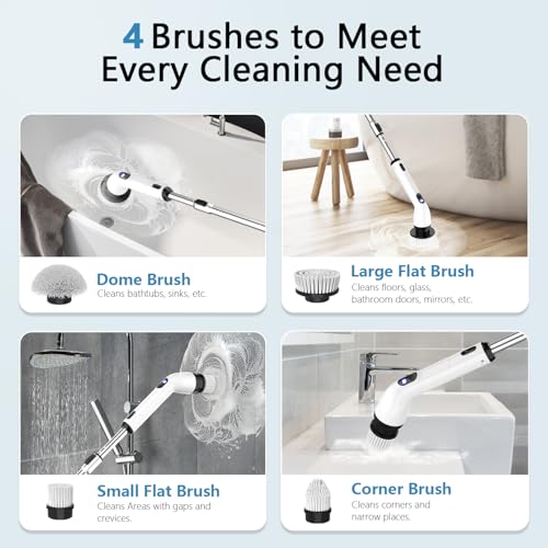 Electric Spin Scrubber,8 Replaceable Brush Heads for Home | IPX7 waterproof power scrubber with LCD display, multi heads, extendable handle, 90min runtime for bathroom kitchen glass car - color: Grey White