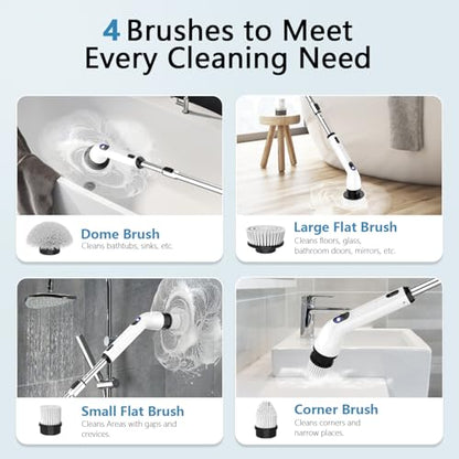 Electric Spin Scrubber,8 Replaceable Brush Heads for Home | IPX7 waterproof power scrubber with LCD display, multi heads, extendable handle, 90min runtime for bathroom kitchen glass car - color: Grey White