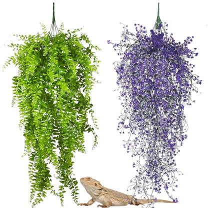 PINVNBY 2 Pack Reptile Plants Terrarium Hanging Fake Vines with Suction Cup Artificial Leaves for Bearded Dragons Lizards Geckos Snake Hermit Crab (Purple and Green) - color: 2 Pcs ( Green and Purple )