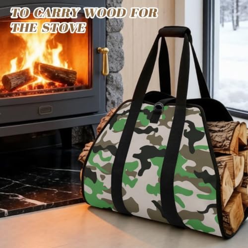 Woodland Camo Print Firewood Transport Bag Log Storage Tote | Large Capacity, Padded Handles, Open-Ended Design, Fits Home Fireplace, Camping Travel Backyard Gatherings - color: Classic Woodland Light Camo Print