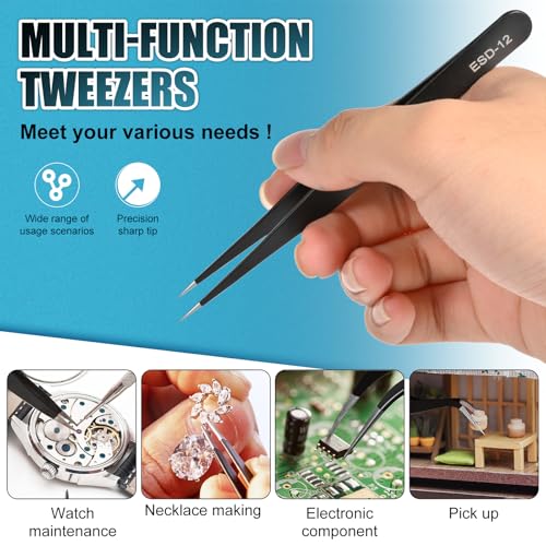 10Pcs Precision Tweezers Set, Upgraded Anti-Static Stainless Steel Tweezers with Storage Box, for Craft, Electronics, Jewelry-Making, Laboratory Work, Soldering, DIY